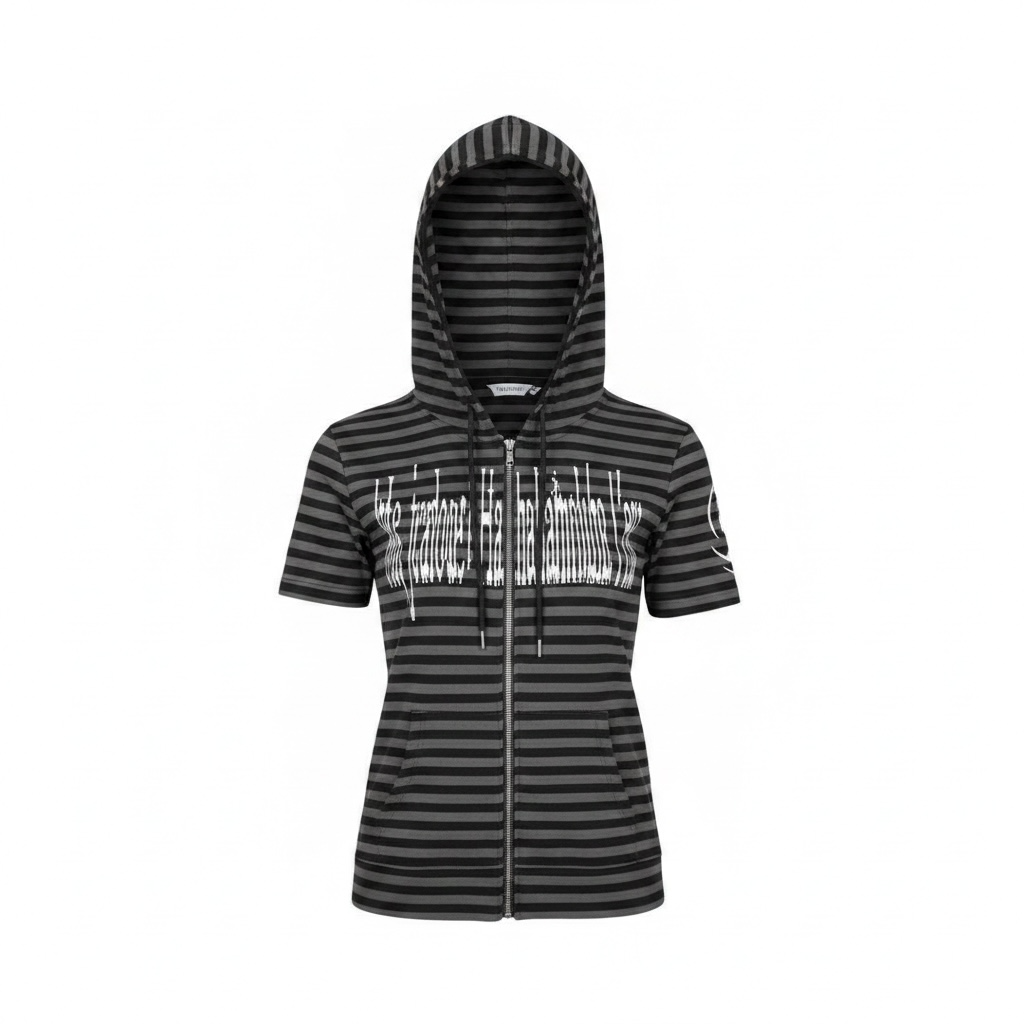 Striped Short-Sleeve Zip-Up Hoodie