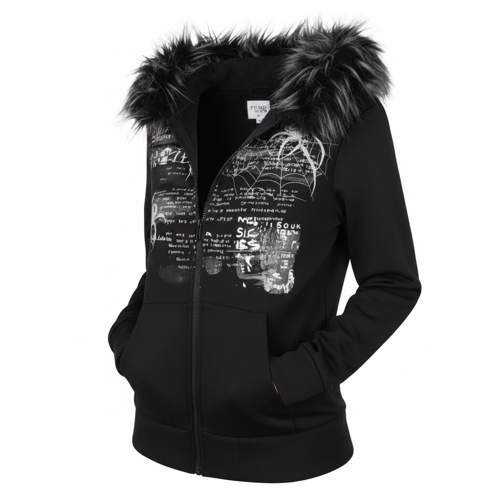 Y2K Grunge Fur-Trimmed Hoodie